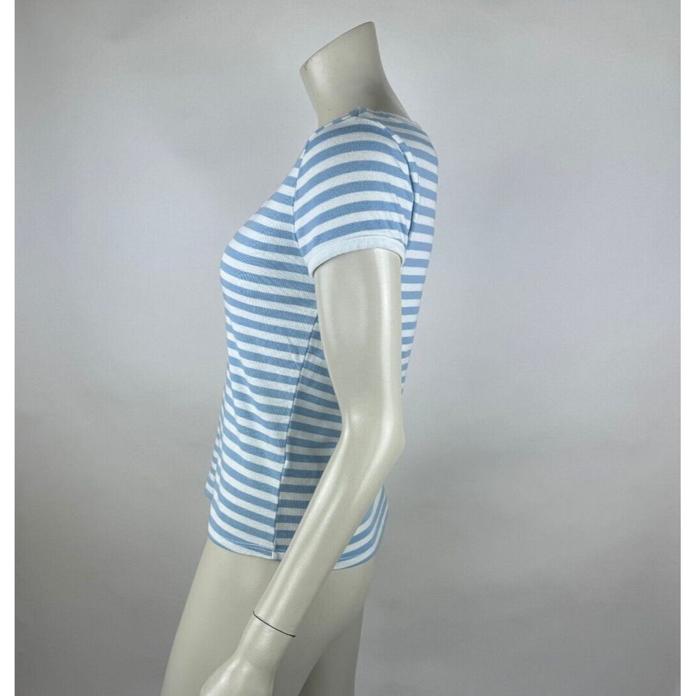 Frame Le Button V-Neck Striped Tee Women‎ S EUC Supima Cotton Striped Stretch - Picture 4 of 10